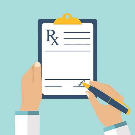 Doctor writing prescription. Clipboard in hands of doctor. Rx prescription form.  Medical prescription pad. Vector illustration flat design style. Medical background, template.